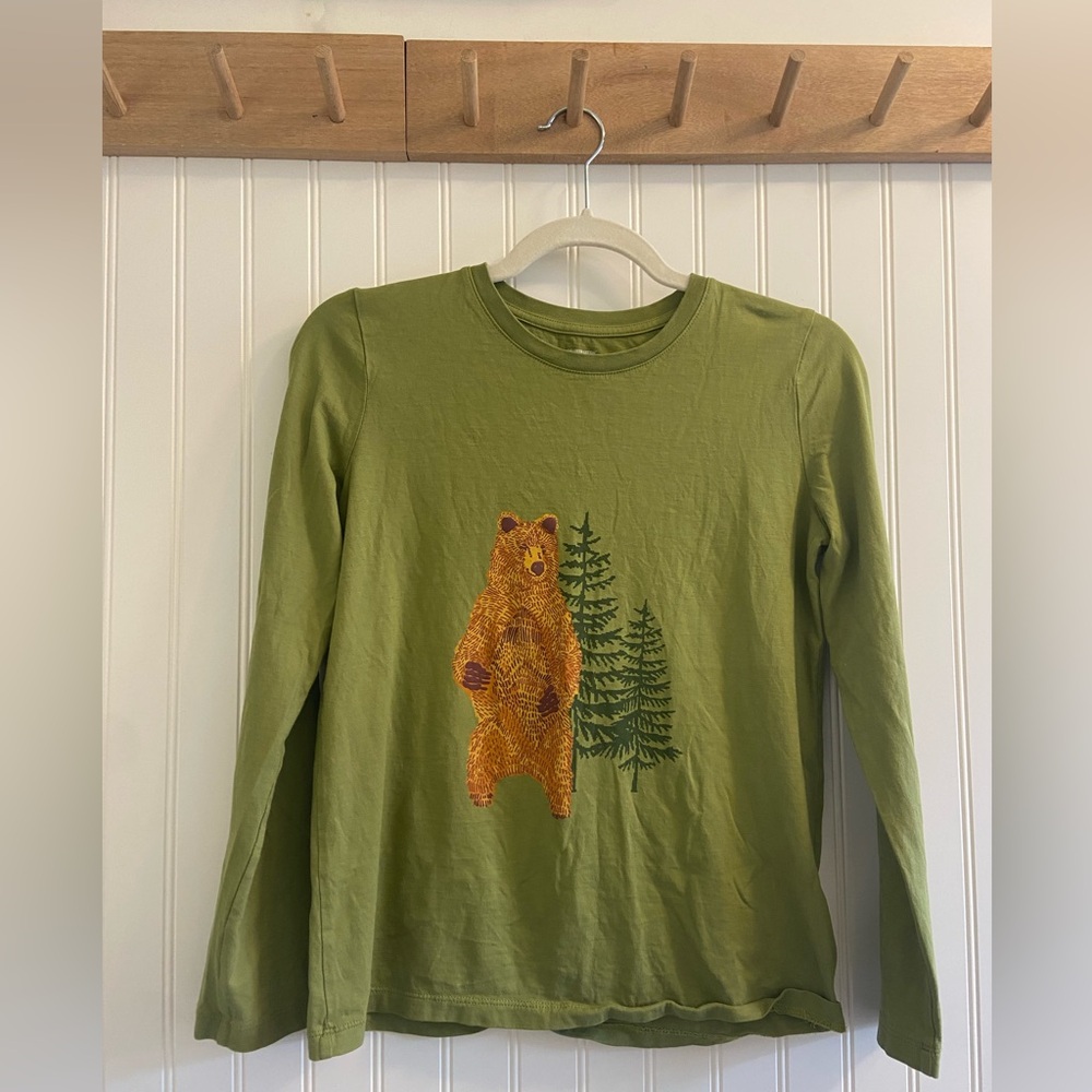 Garnet Hill Kids Green Organic Cotton Long Sleeve Tee Shirt Olive Bear Tree XL